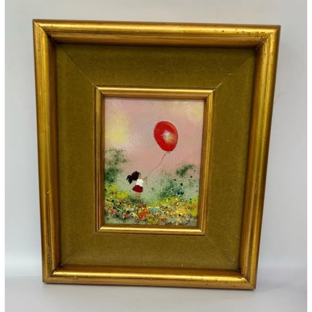VNT LOUIS CARDIN SIGNED ENAMEL ON COPPER FRAMED PAINTING GIRL WITH RED BALLOON